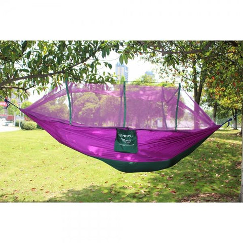 AT6730 Nylon Parachute Fabric Double Hammock with Anti-mosquito Mesh Roof Purple & Green Black