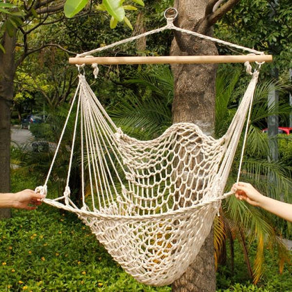 Hammock Cotton Swing Camping Hanging Rope New Chair Wooden Beige White Outdoor