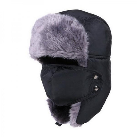 Unisex Russian Faux Fur Pilot Trapper Bomber Cap Outdoor Ski Ear Protective Hat With Mouth Mask Black