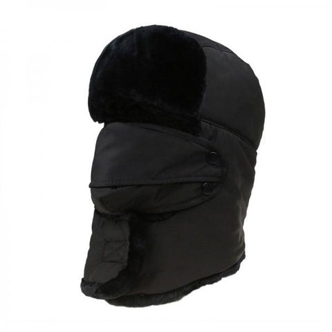 Unisex Winter Outdoor Russian Faux Fur Pilot Trapper Bomber Cap Ear Protective Hat With Mouth Mask Black